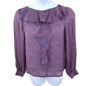 VINTAGE NICOLA PURPLE & BLUE POLKA DOT PRINT RUFFLE FRONT BLOUSE TOP - 14